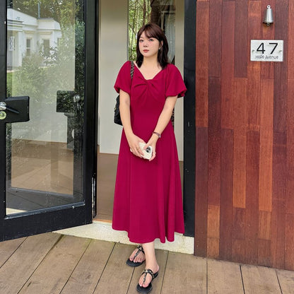 Plus Size Puff Short Sleeve V-Neck Plain Twist Midi A-Line Dress