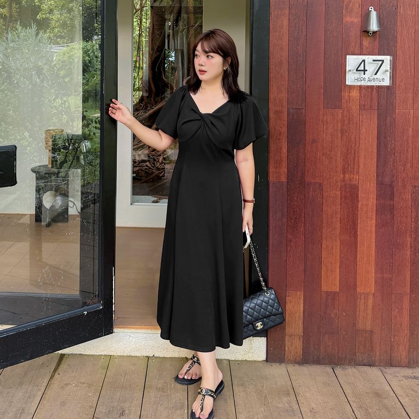 Plus Size Puff Short Sleeve V-Neck Plain Twist Midi A-Line Dress
