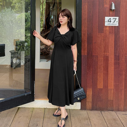Plus Size Puff Short Sleeve V-Neck Plain Twist Midi A-Line Dress