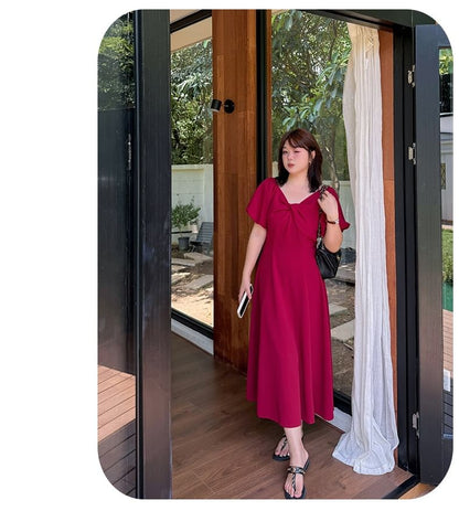Plus Size Puff Short Sleeve V-Neck Plain Twist Midi A-Line Dress