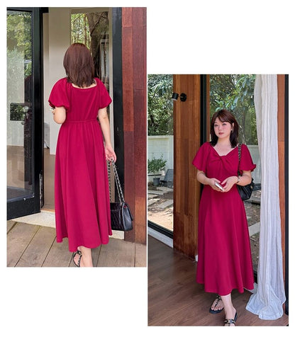 Plus Size Puff Short Sleeve V-Neck Plain Twist Midi A-Line Dress