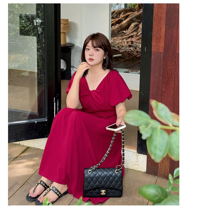 Plus Size Puff Short Sleeve V-Neck Plain Twist Midi A-Line Dress