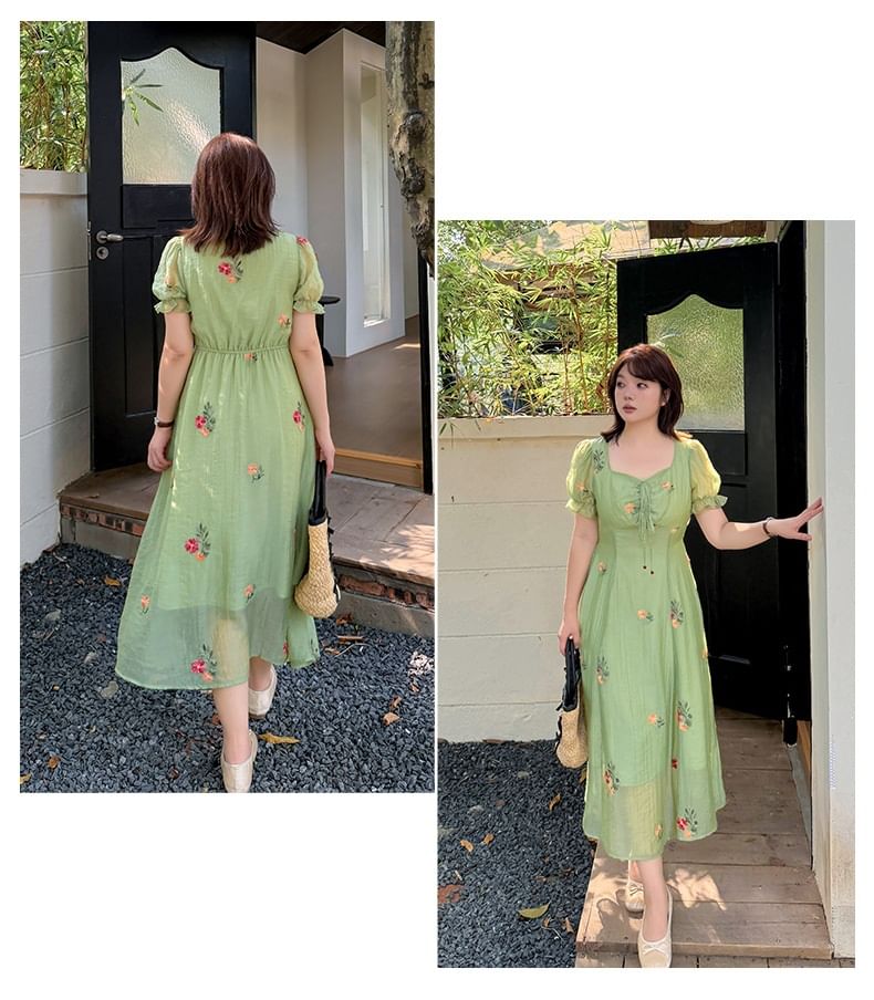 Plus Size Short Sleeve Sweetheart Neck Floral Embroidered Midi A-Line Dress