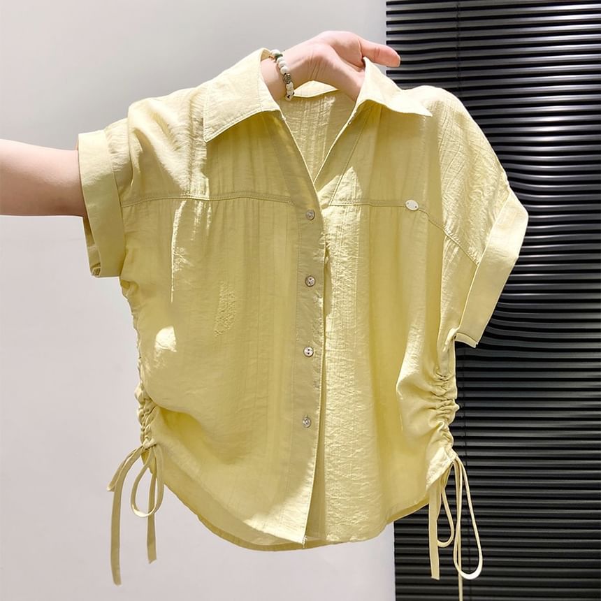 Drawstring Collared Short-Sleeved Plain Shirt