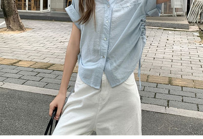Drawstring Collared Short-Sleeved Plain Shirt