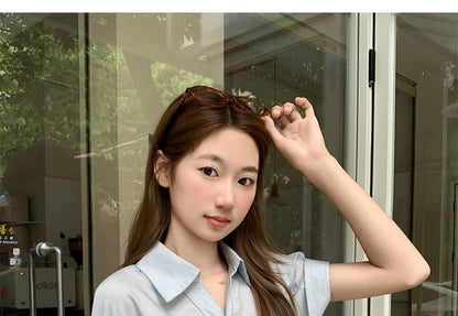 Drawstring Collared Short-Sleeved Plain Shirt
