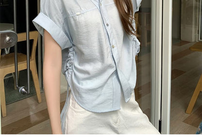 Drawstring Collared Short-Sleeved Plain Shirt