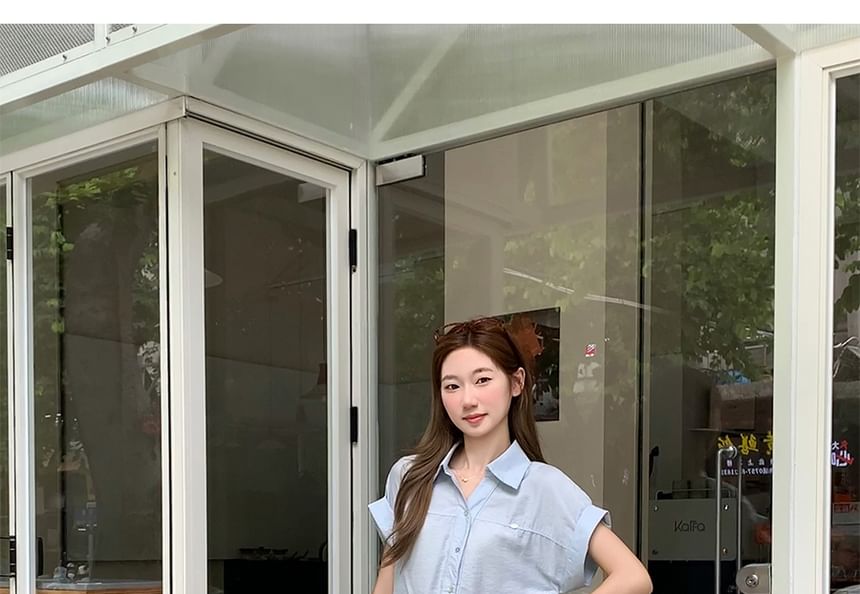 Drawstring Collared Short-Sleeved Plain Shirt