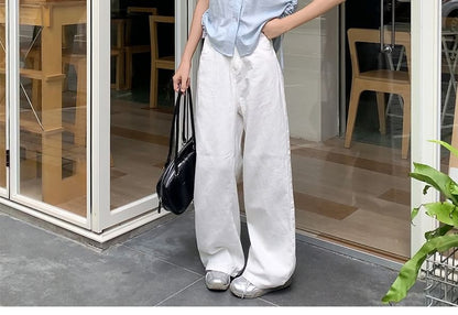 Drawstring Collared Short-Sleeved Plain Shirt