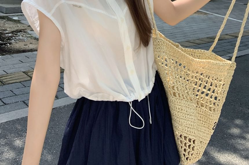 Drawstring Collared French-Sleeved Plain Blouse