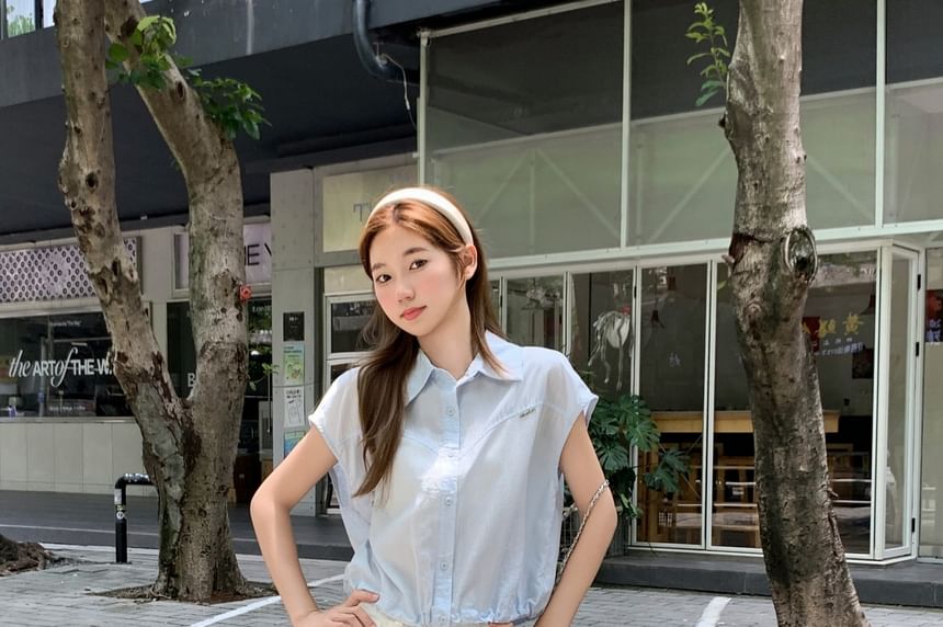 Drawstring Collared French-Sleeved Plain Blouse