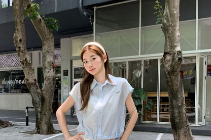 Drawstring Collared French-Sleeved Plain Blouse