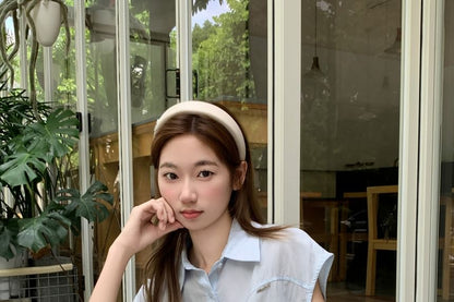 Drawstring Collared French-Sleeved Plain Blouse