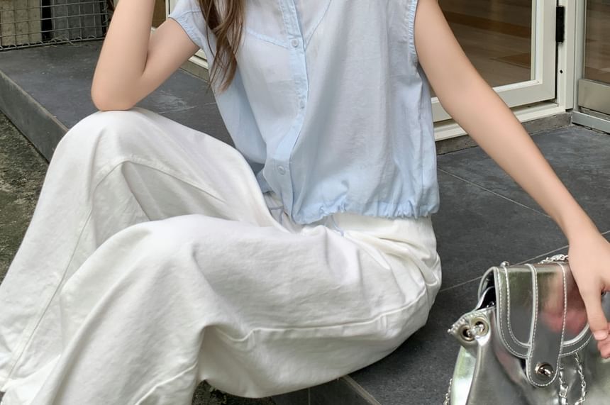 Drawstring Collared French-Sleeved Plain Blouse