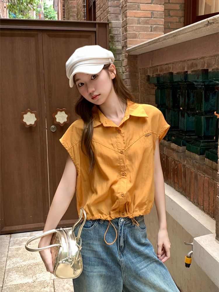 Drawstring Collared French-Sleeved Plain Blouse