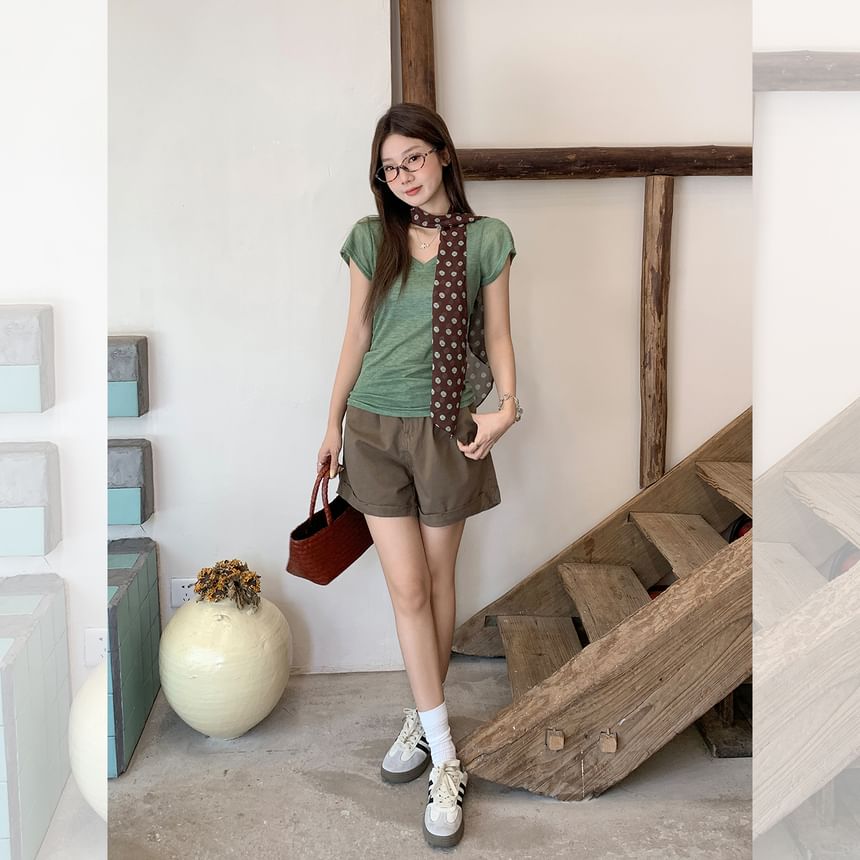 Cap-Sleeved V-Neck Plain Tee