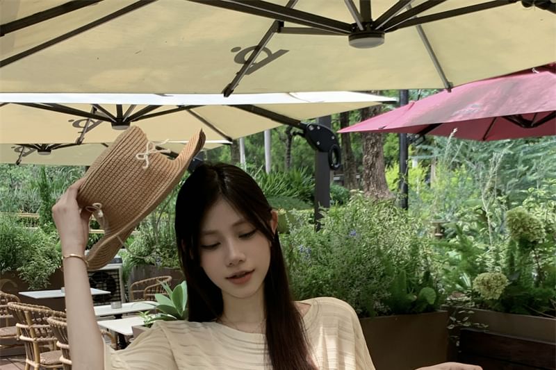 Boat-Neck Elbow-Sleeved Plain Knit Top