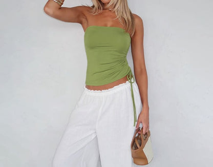 Drawstring Strapless Plain Tube Top