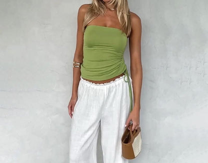 Drawstring Strapless Plain Tube Top