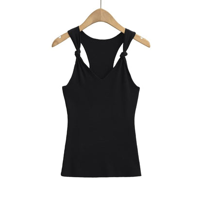 Knotted V-Neck Plain Knit Tank Top