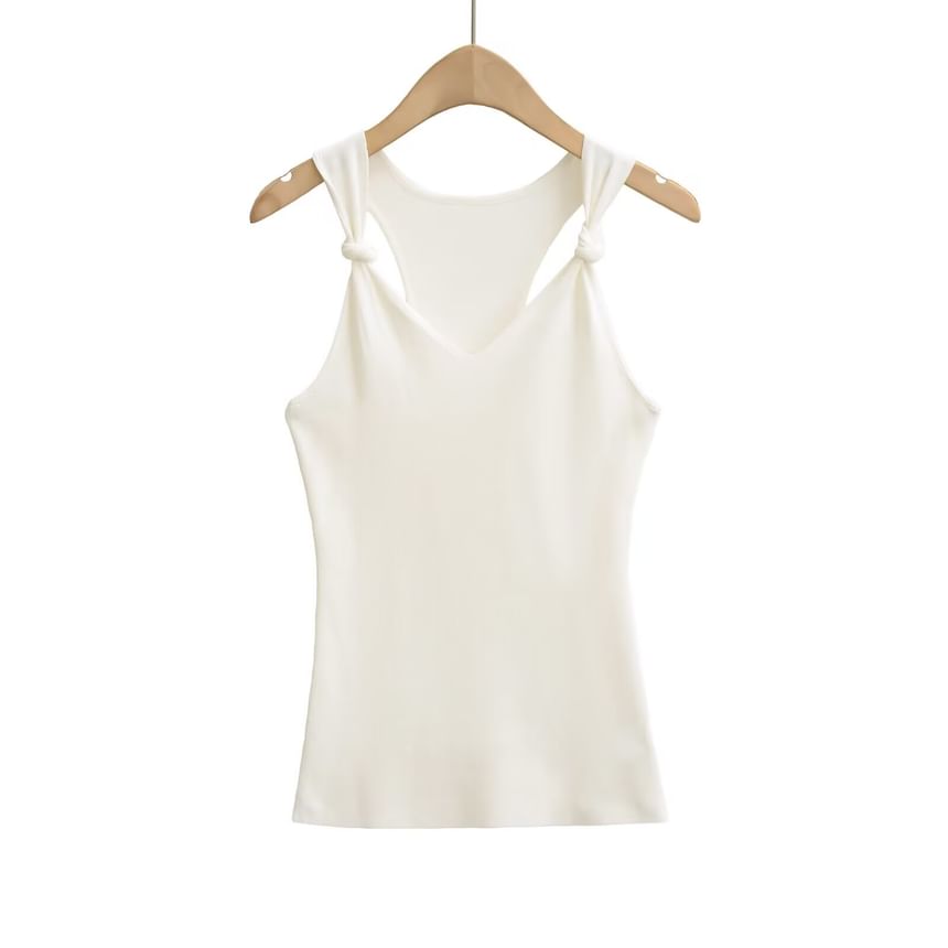 Knotted V-Neck Plain Knit Tank Top