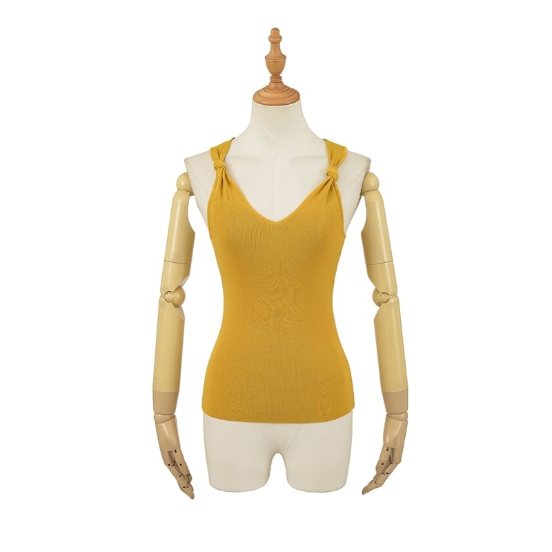 Knotted V-Neck Plain Knit Tank Top