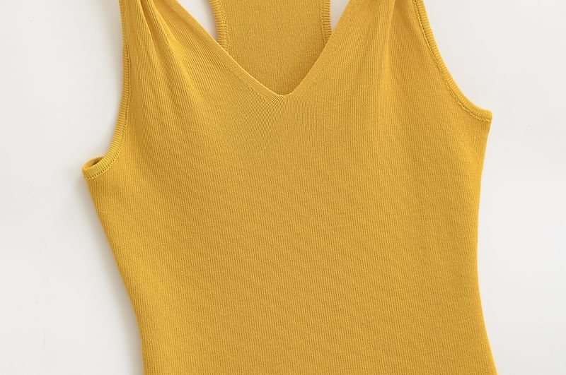 Knotted V-Neck Plain Knit Tank Top