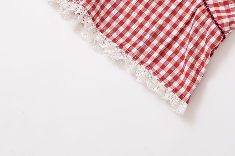Plaid Lace-Trimmed Halter V-Neck Top