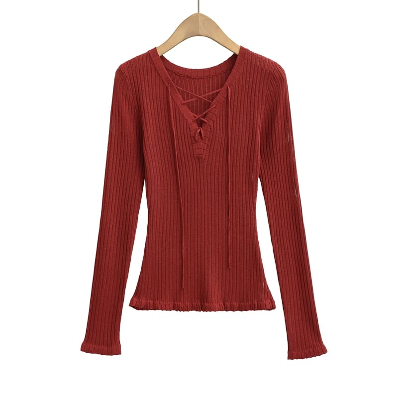 Ribbed Knit Lace-Up Long-Sleeved V-Neck Top