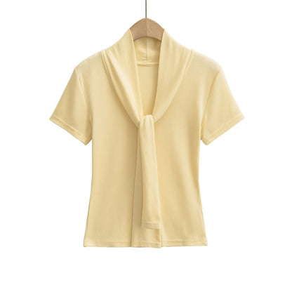 Tie-Neck Short-Sleeved Plain Top