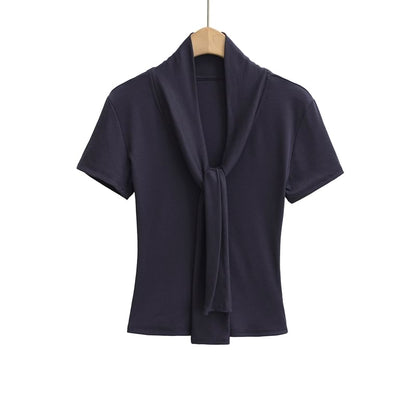 Tie-Neck Short-Sleeved Plain Top