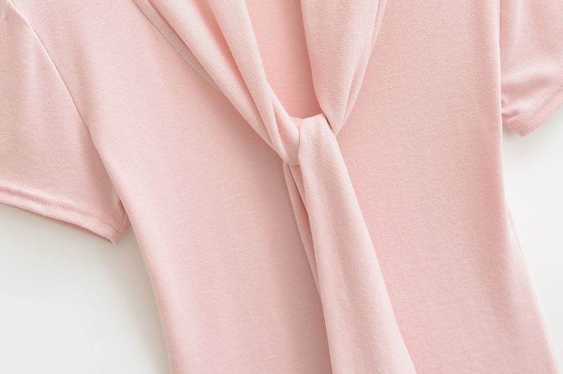 Tie-Neck Short-Sleeved Plain Top
