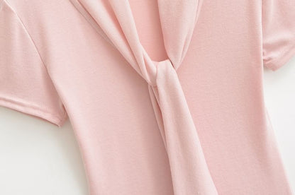 Tie-Neck Short-Sleeved Plain Top