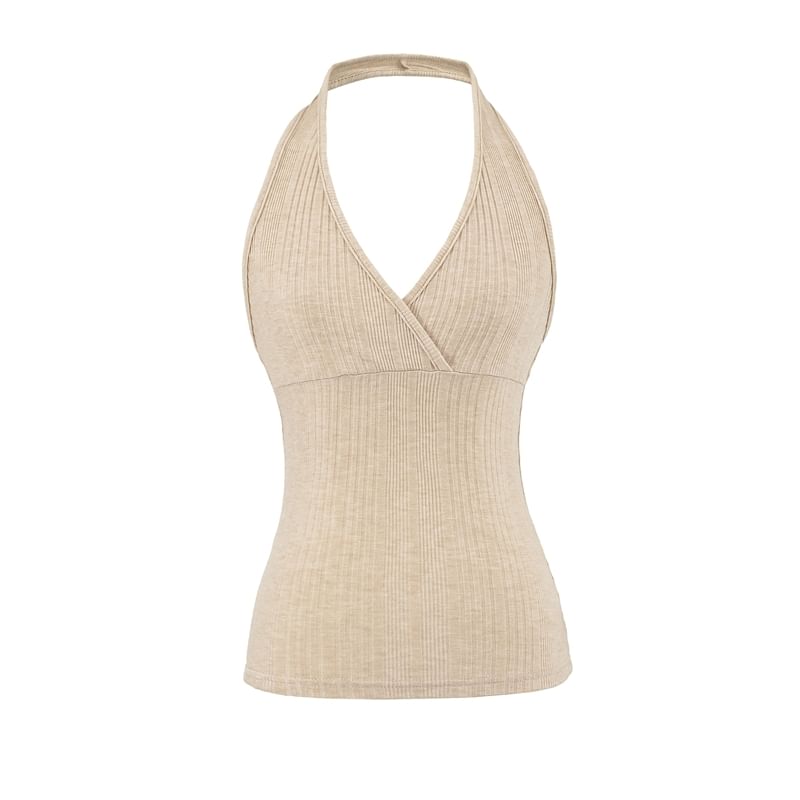 Ribbed Halter V-Neck Plain Top