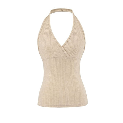 Ribbed Halter V-Neck Plain Top