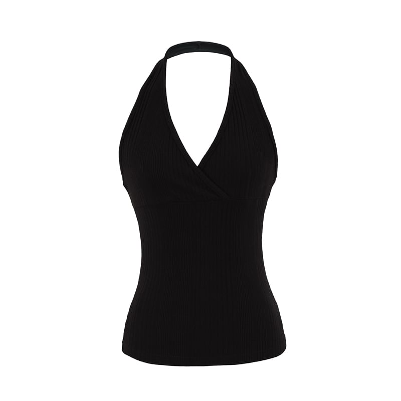 Ribbed Halter V-Neck Plain Top