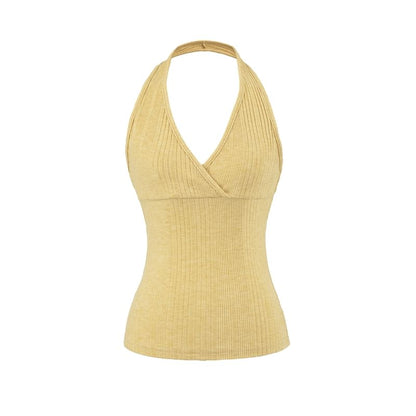 Ribbed Halter V-Neck Plain Top