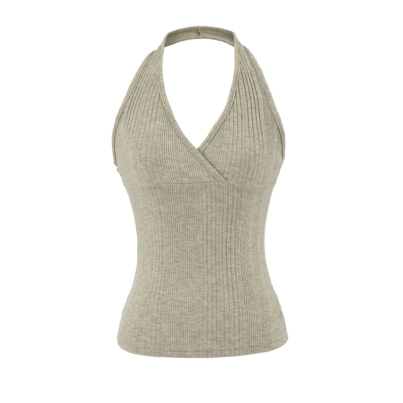 Ribbed Halter V-Neck Plain Top