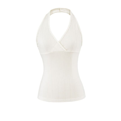 Ribbed Halter V-Neck Plain Top