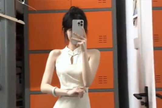 Sleeveless Plain Jacquard Midi Qipao / Light Jacket / Set