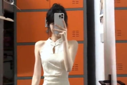 Sleeveless Plain Jacquard Midi Qipao / Light Jacket / Set