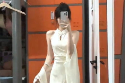 Sleeveless Plain Jacquard Midi Qipao / Light Jacket / Set