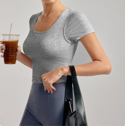 Plain Padded Scoop Neck Short-Sleeved Tee