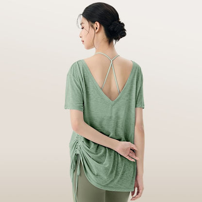 Plain V-Neck Drawstring Short-Sleeved Tee
