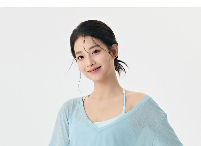 Plain V-Neck Drawstring Short-Sleeved Tee