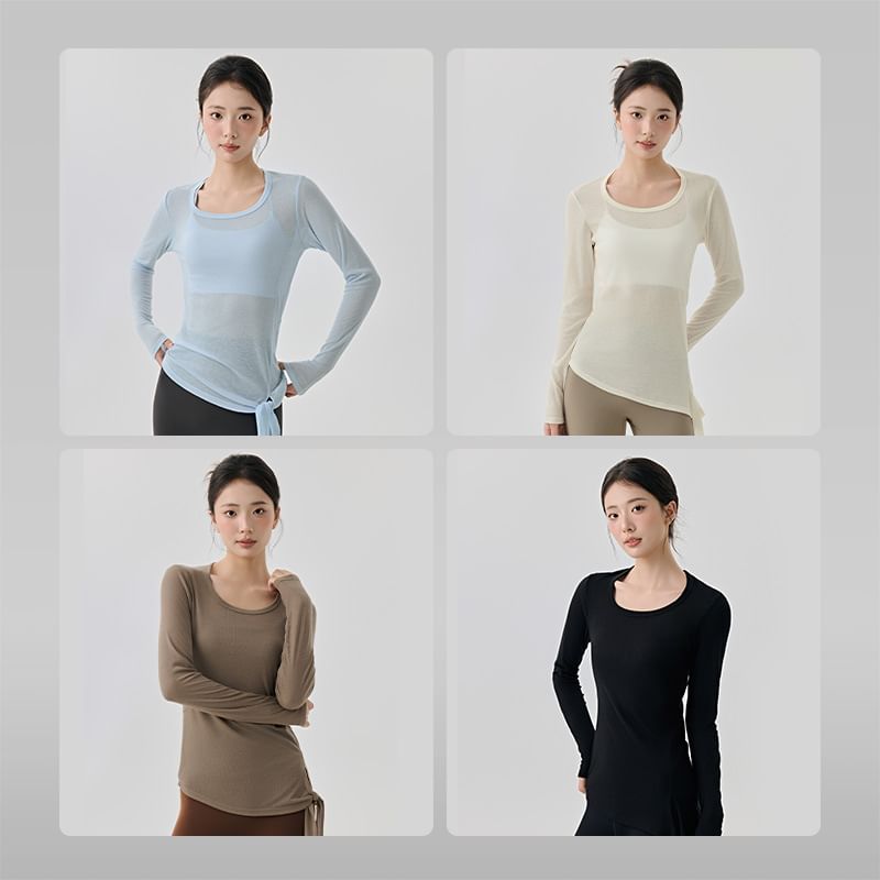 Plain Asymmetric Tie-Up Round Neck Long-Sleeved Tee