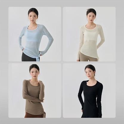 Plain Asymmetric Tie-Up Round Neck Long-Sleeved Tee