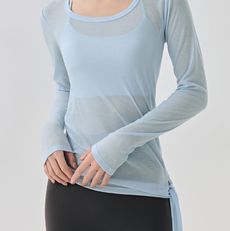 Plain Asymmetric Tie-Up Round Neck Long-Sleeved Tee