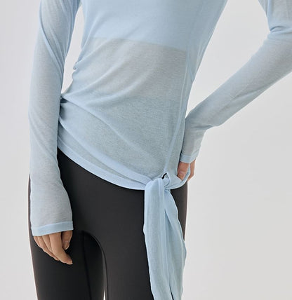 Plain Asymmetric Tie-Up Round Neck Long-Sleeved Tee