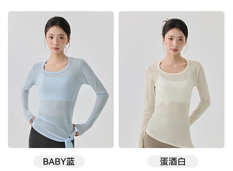 Plain Asymmetric Tie-Up Round Neck Long-Sleeved Tee